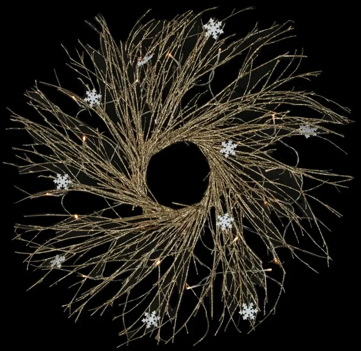 28" Pre-lit Champagne Glittered Artificial Twig Christmas Wreath  Warm White LED Lights