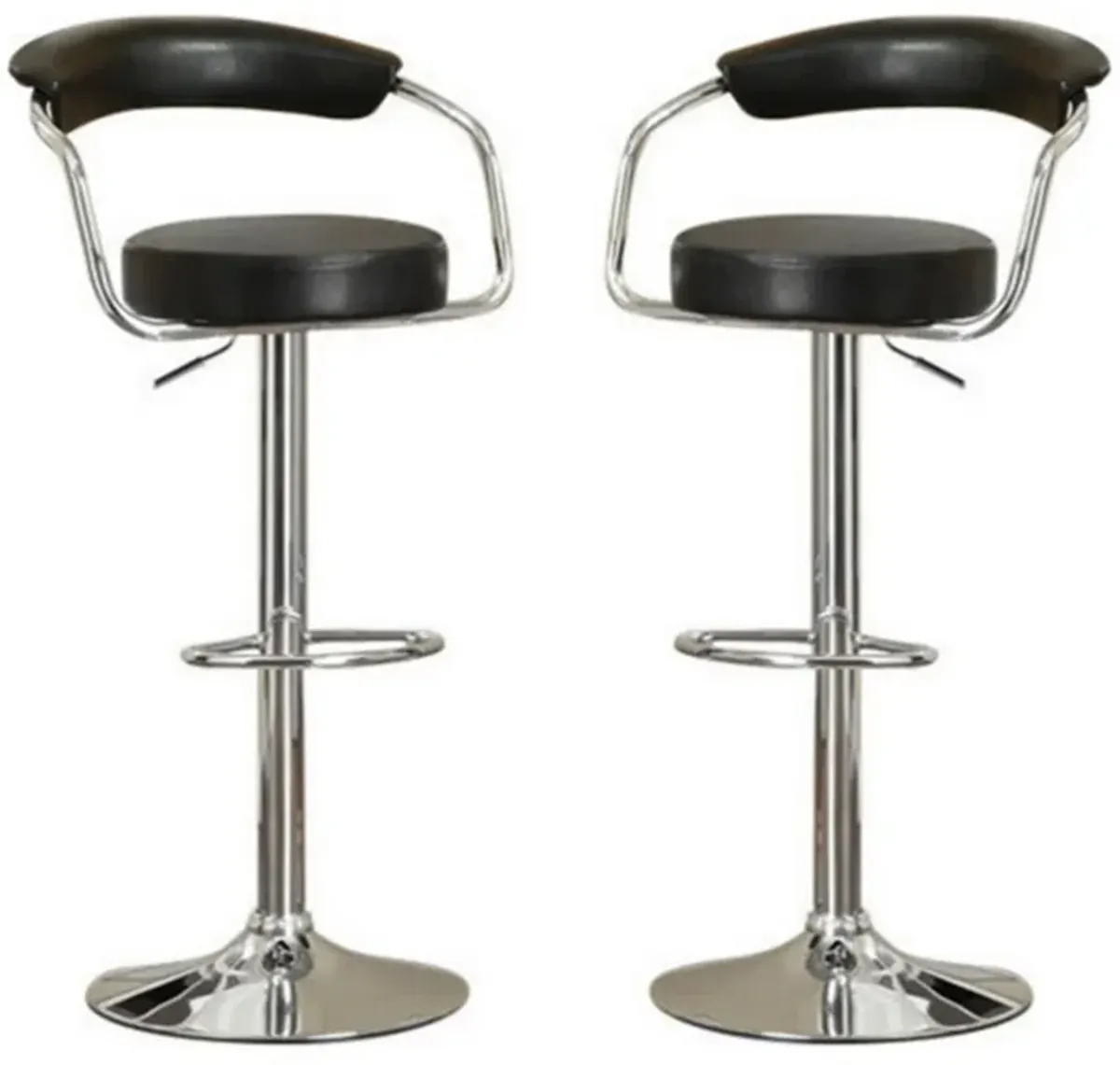 Round Seat Bar Stool With Gas Lift Black and Silver Set of 2-Benzara