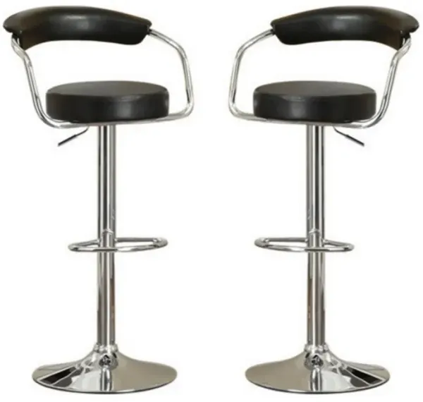 Round Seat Bar Stool With Gas Lift Black and Silver Set of 2-Benzara