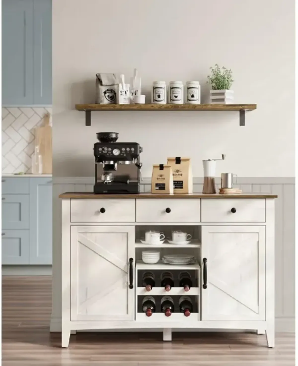 Farmhouse Buffet Cabinet with Wine Rack Stone Gray