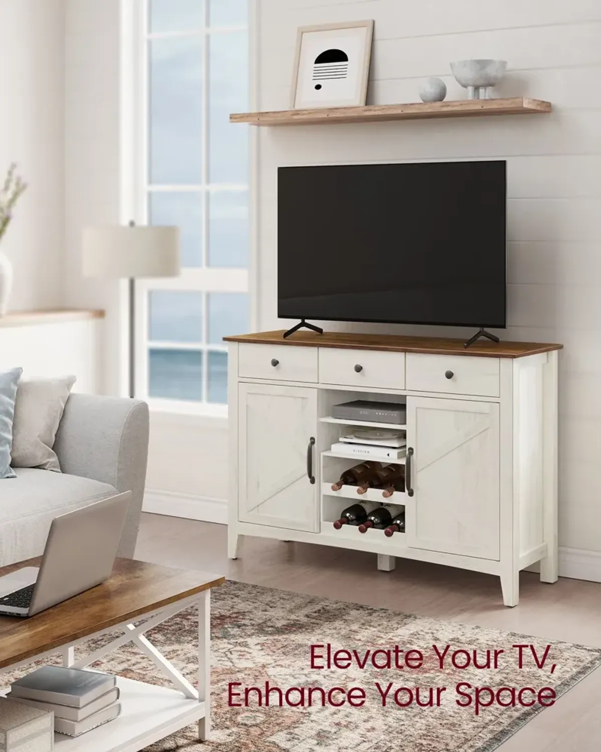 Farmhouse Buffet Cabinet with Wine Rack Stone Gray