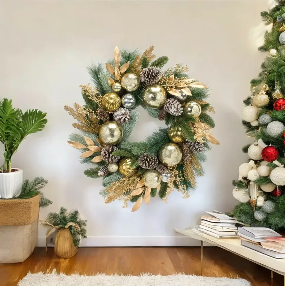 Pine Wreath with Bay Leaves and Ornaments for Holiday Home Décor