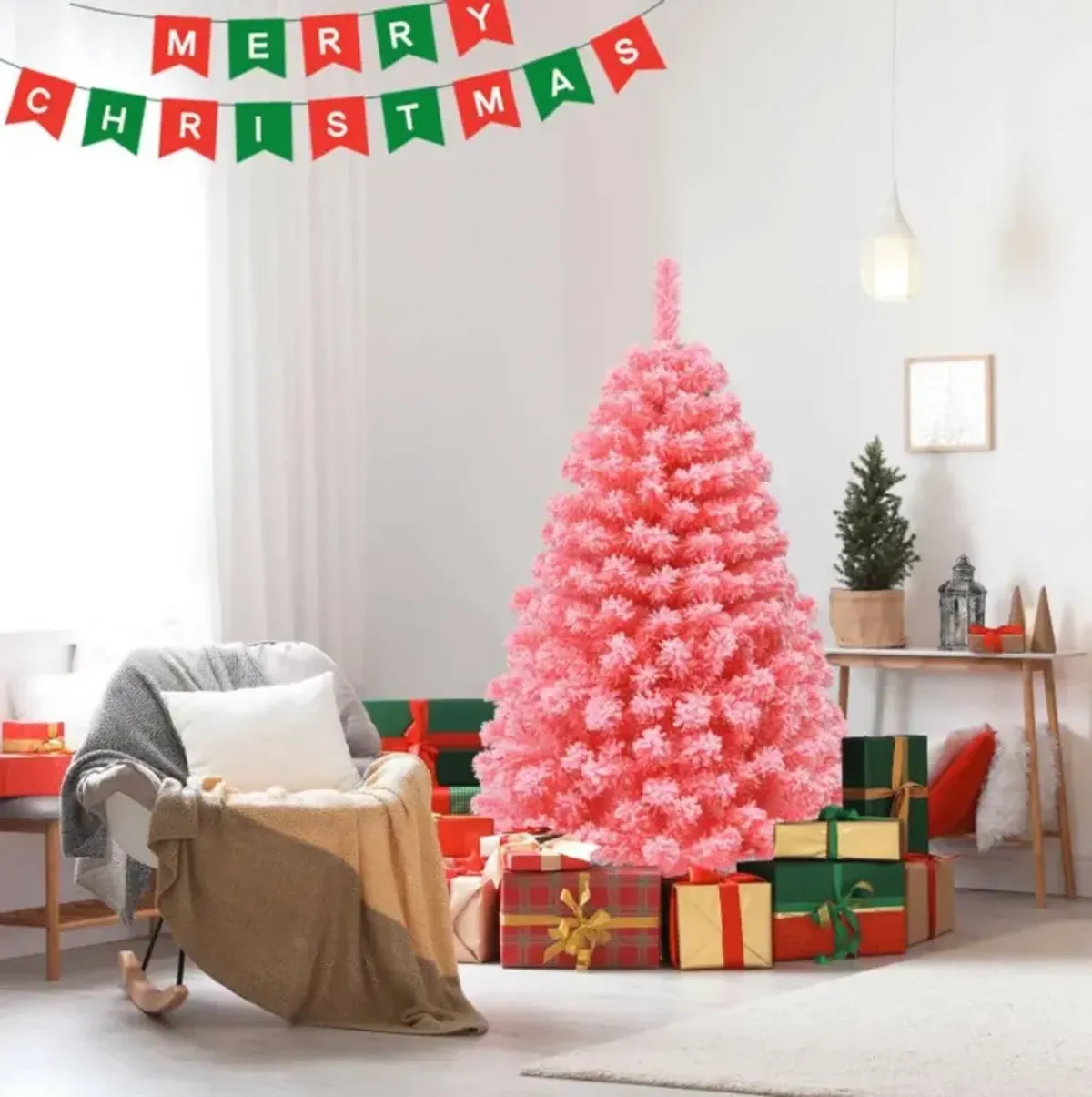 Hivvago 4.5/6.5/7.5 Feet Pink Christmas Tree with Snow Flocked PVC Tips and Metal Stand