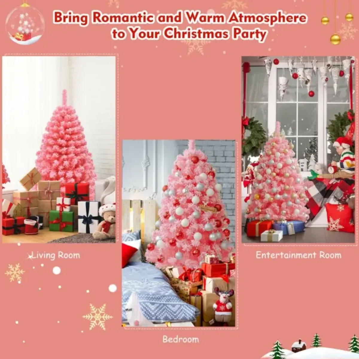 Hivvago 4.5/6.5/7.5 Feet Pink Christmas Tree with Snow Flocked PVC Tips and Metal Stand