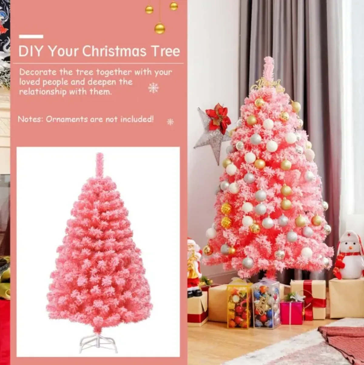 Hivvago 4.5/6.5/7.5 Feet Pink Christmas Tree with Snow Flocked PVC Tips and Metal Stand