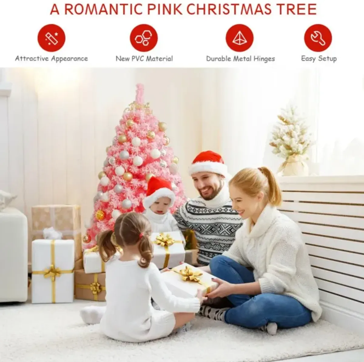 Hivvago 4.5/6.5/7.5 Feet Pink Christmas Tree with Snow Flocked PVC Tips and Metal Stand