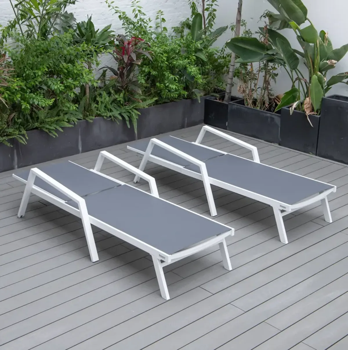 LeisureMod Marlin Adjustable Patio Chaise Lounge Chair with Armrests – White Aluminum Set of 2