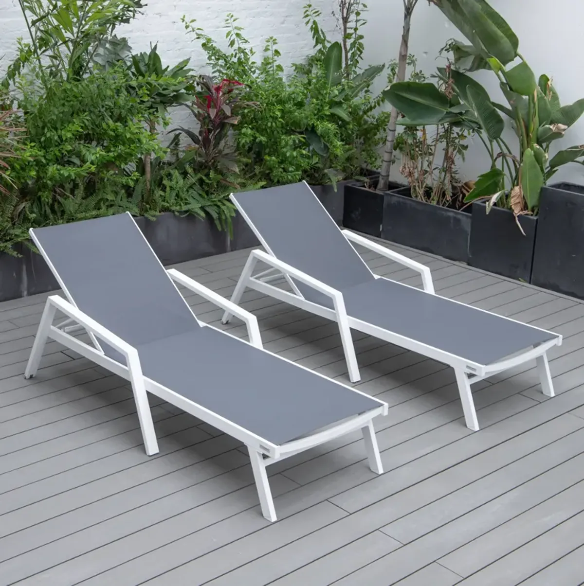 LeisureMod Marlin Adjustable Patio Chaise Lounge Chair with Armrests – White Aluminum Set of 2