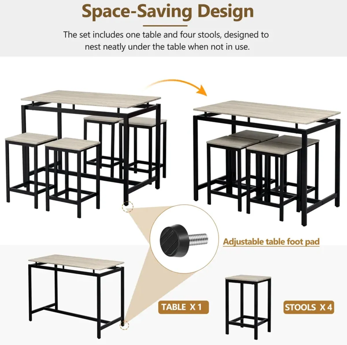 Merax Industrial 5-Piece Kitchen Counter Height Table Dining  Set