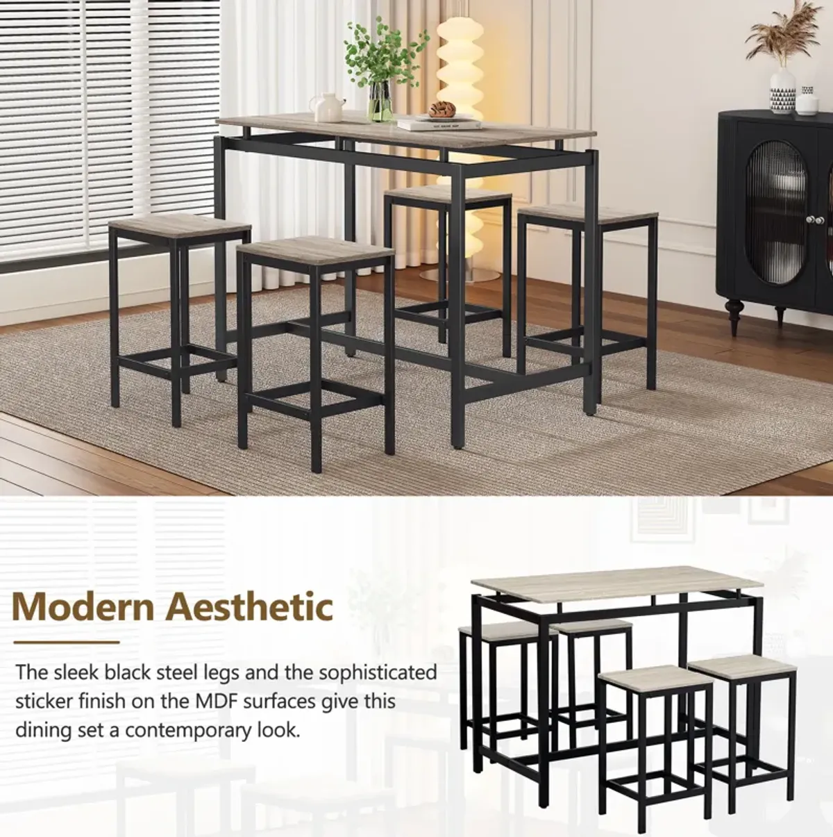 Merax Industrial 5-Piece Kitchen Counter Height Table Dining  Set