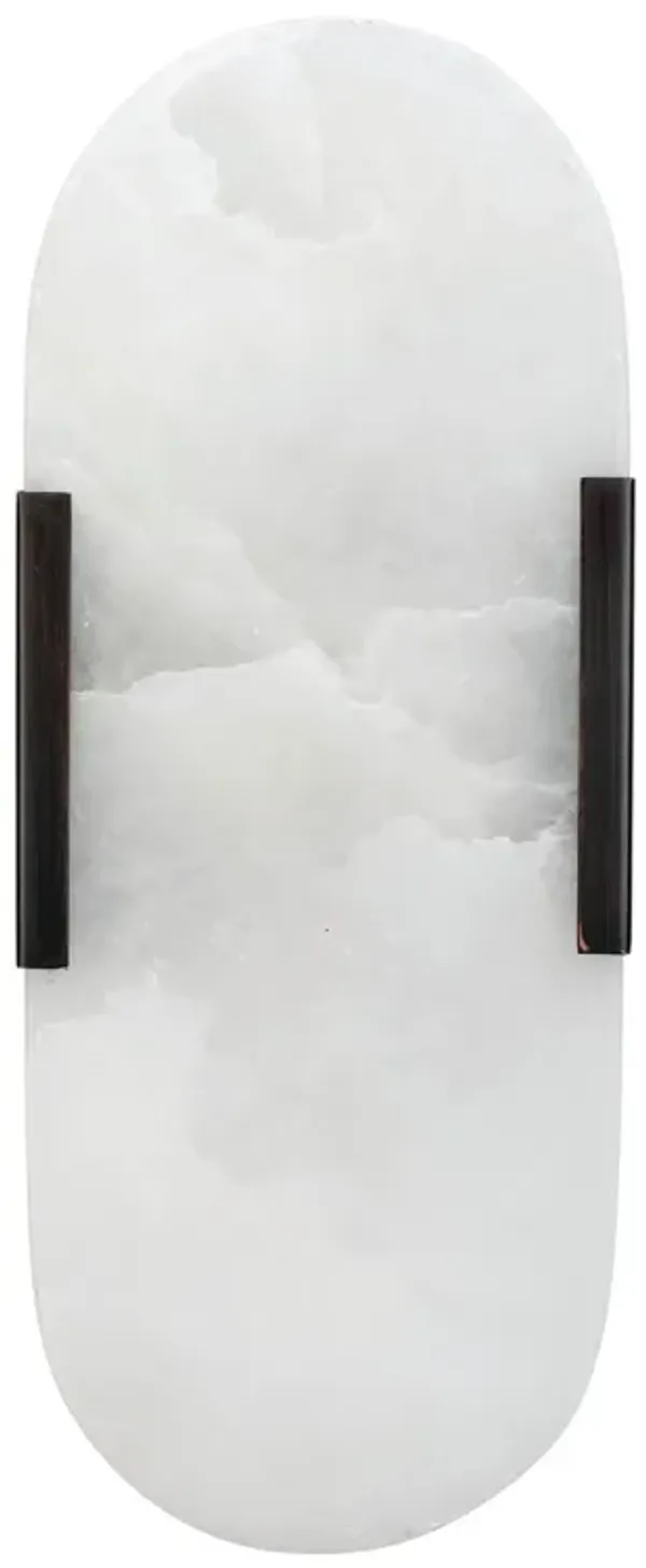 Ela 13 Inch Wall Sconce, Oblong Alabaster Shade, Sturdy Black Steel Plate-Benzara