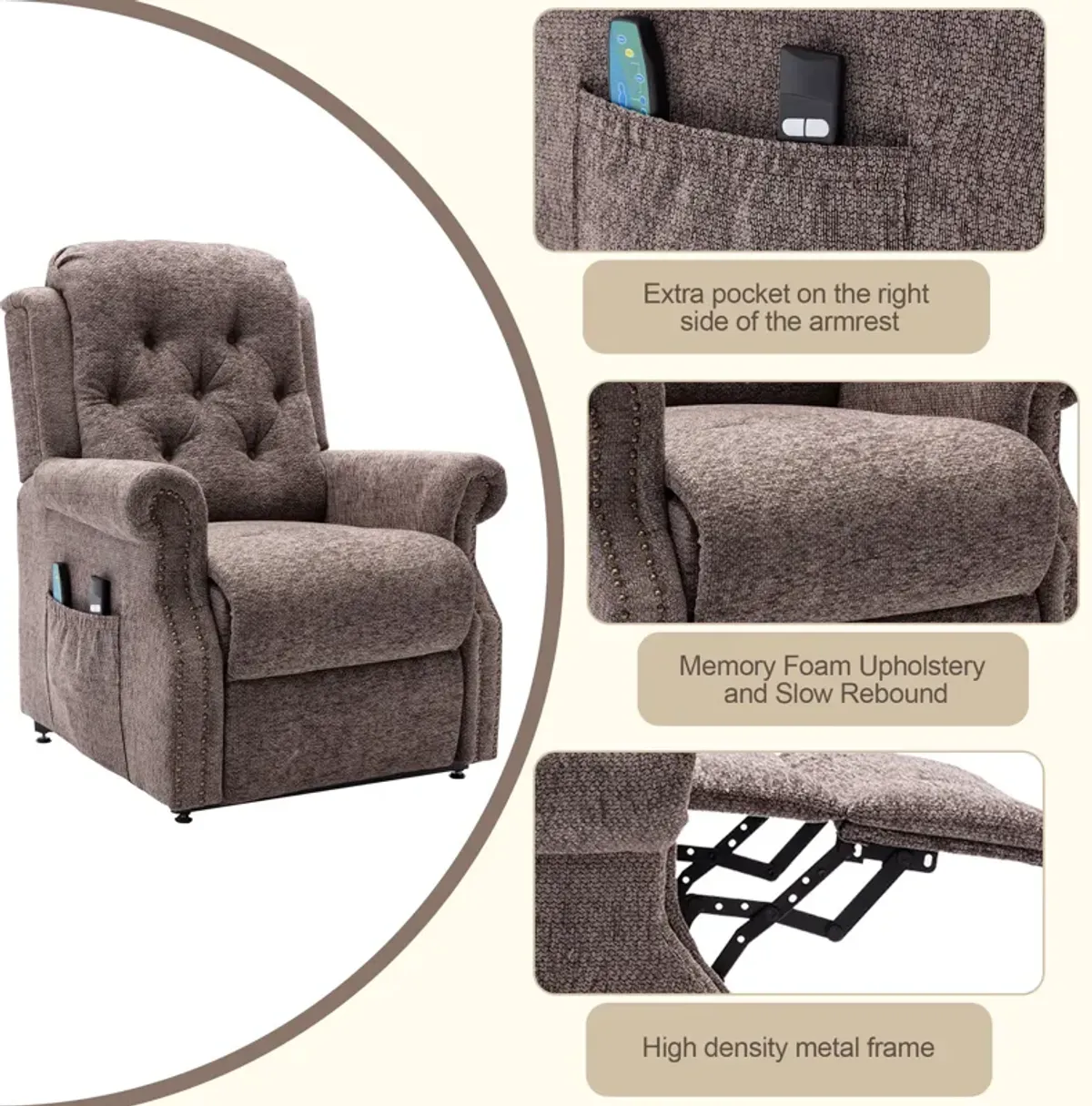 Blue Elderly Soft Chenille Fabric Power-Lift Recliner with 8-Point Massage and Remote Control