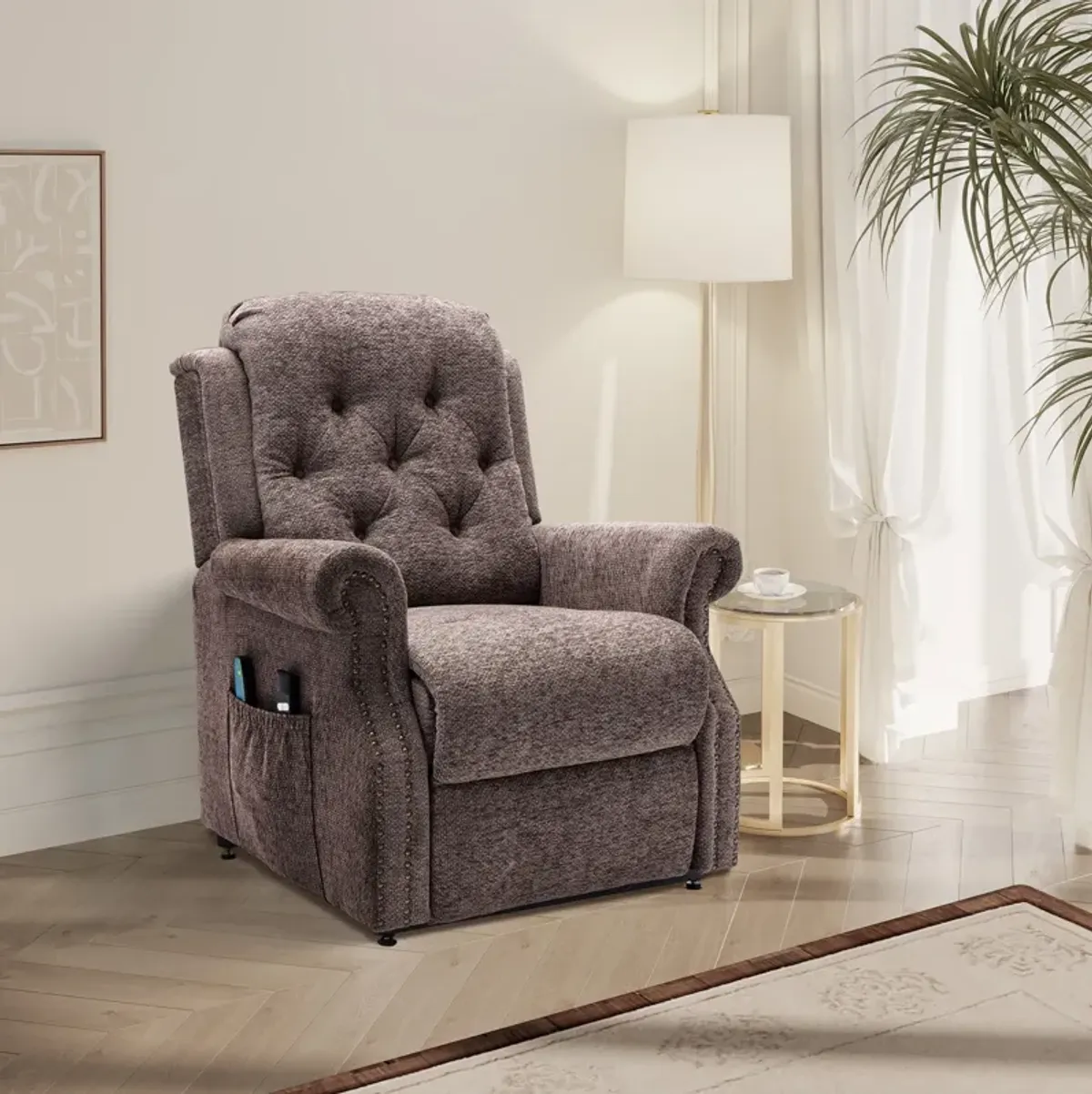 Blue Elderly Soft Chenille Fabric Power-Lift Recliner with 8-Point Massage and Remote Control