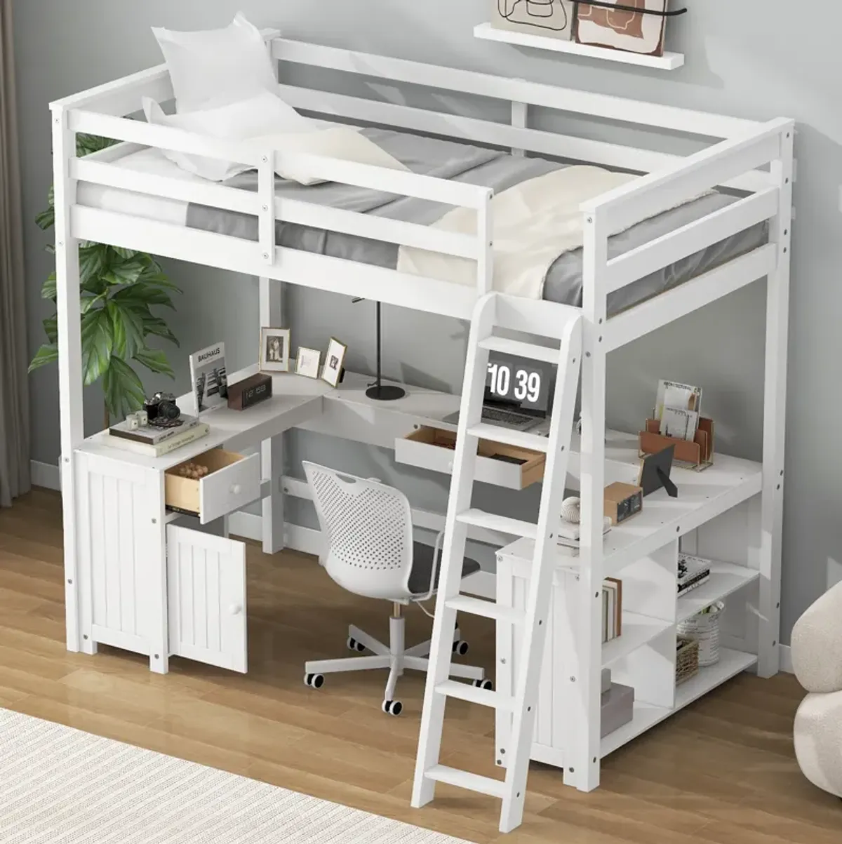 Merax Loft Bed with Desk  and Storage Shelves