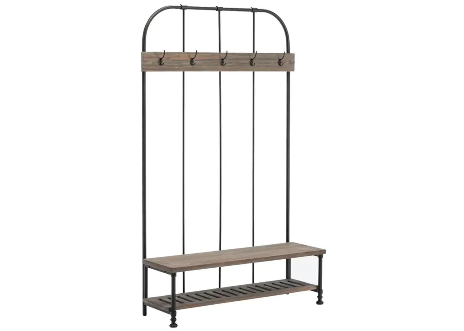 Wood and Metal Industrial Hall Tree with Bench, Brown-Benzara