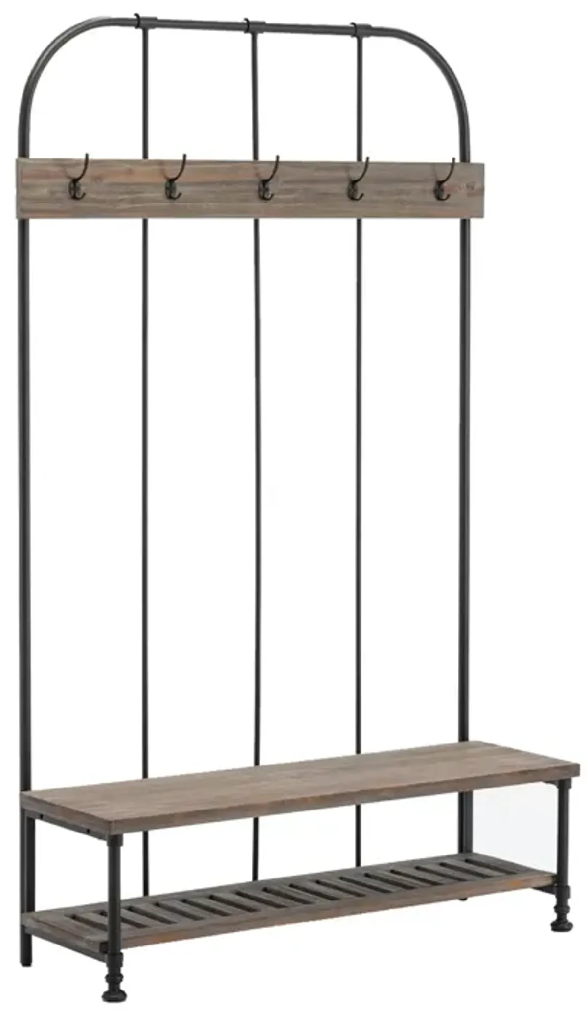 Wood and Metal Industrial Hall Tree with Bench, Brown-Benzara