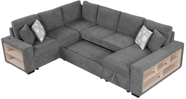 109" U-shaped Sectional Sofa Pull-out Sofa Bed with Two USB Ports, a Storage Chaise Lounge and Four Back Pillows for Living Room, Grey