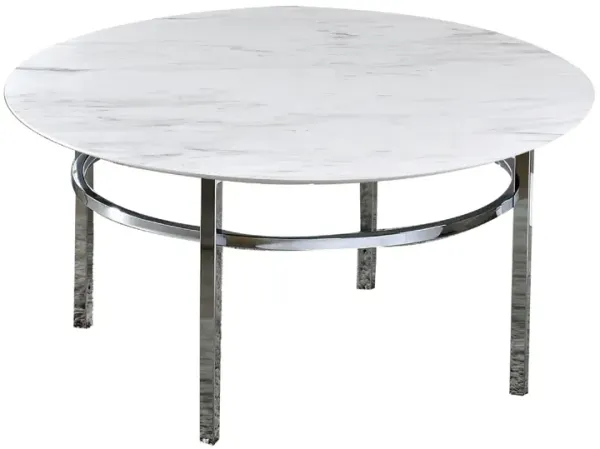 36" Modern Coffee Table, Faux Marble Top, Chrome Metal Legs, White-Benzara