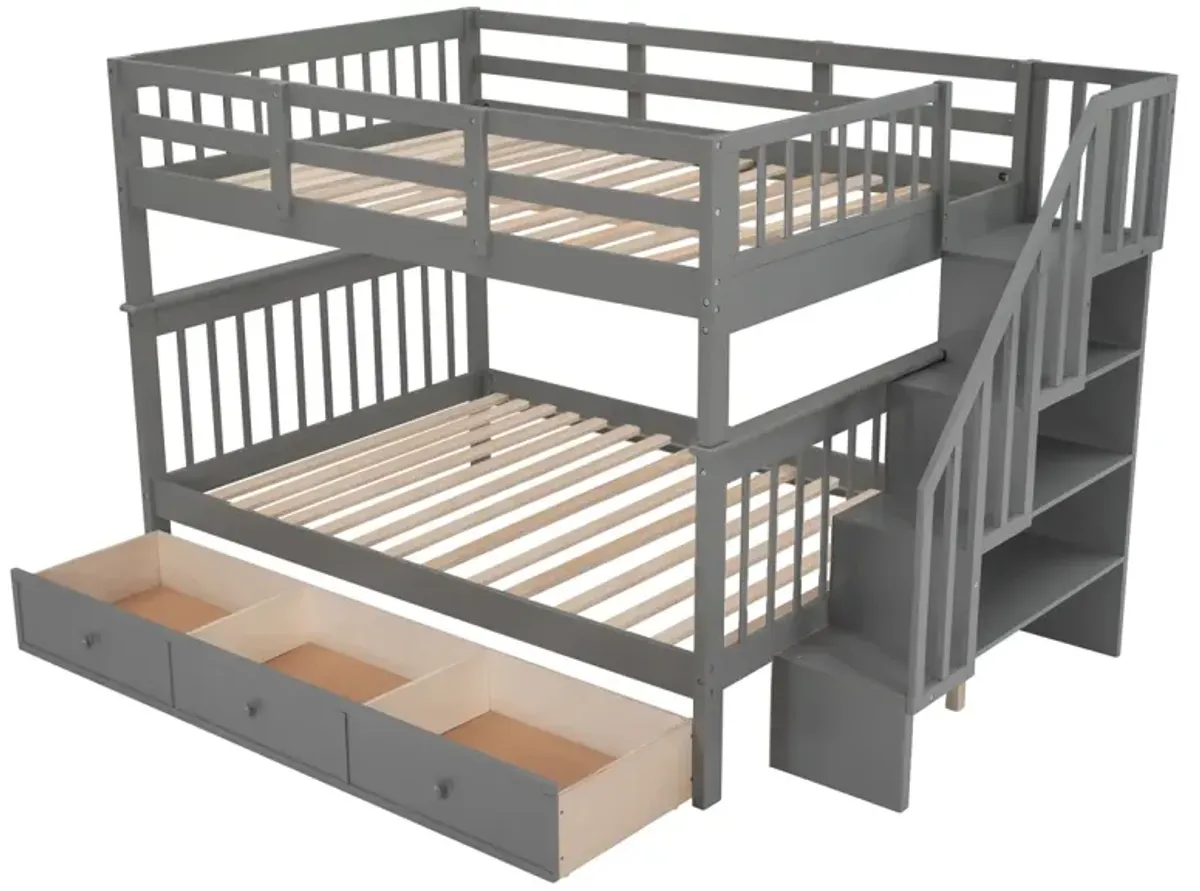 Stairway Full-Over-Full Bunk Bed With Drawer, Storage And Guard Rail For Bedroom