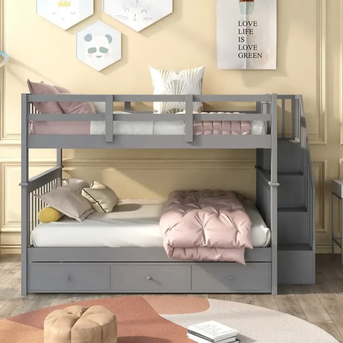 Stairway Full-Over-Full Bunk Bed With Drawer, Storage And Guard Rail For Bedroom