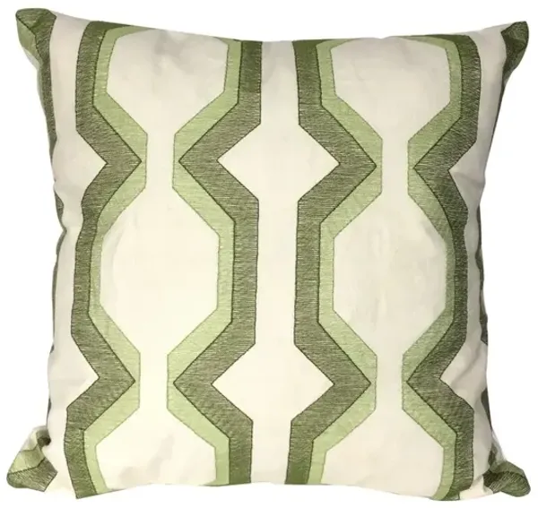 Contemporary Cotton Pillow with Geometric Embroidery, Green and White- Benzara