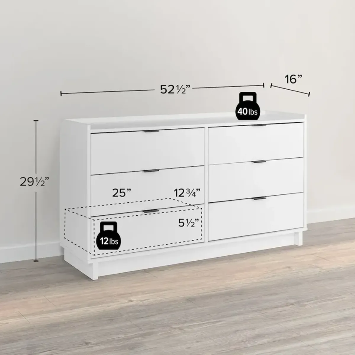 Prepac Simply Modern White 6 Drawer 52.5 W Dresser