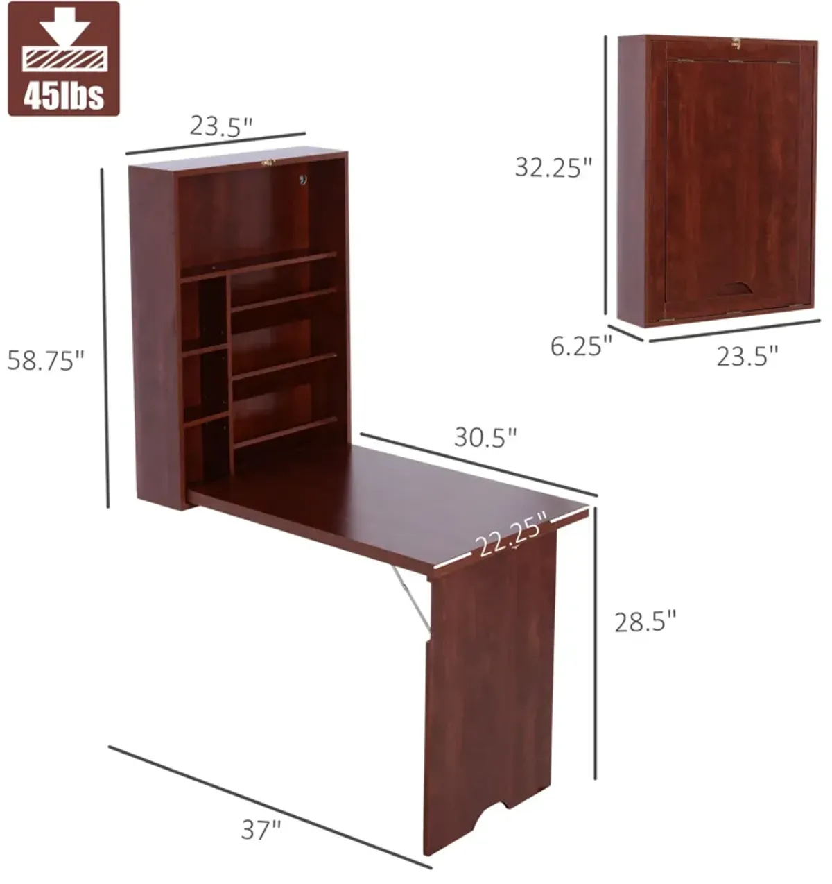 Space-Saving Workstation: Mahogany Wall-Mounted Convertible Desk