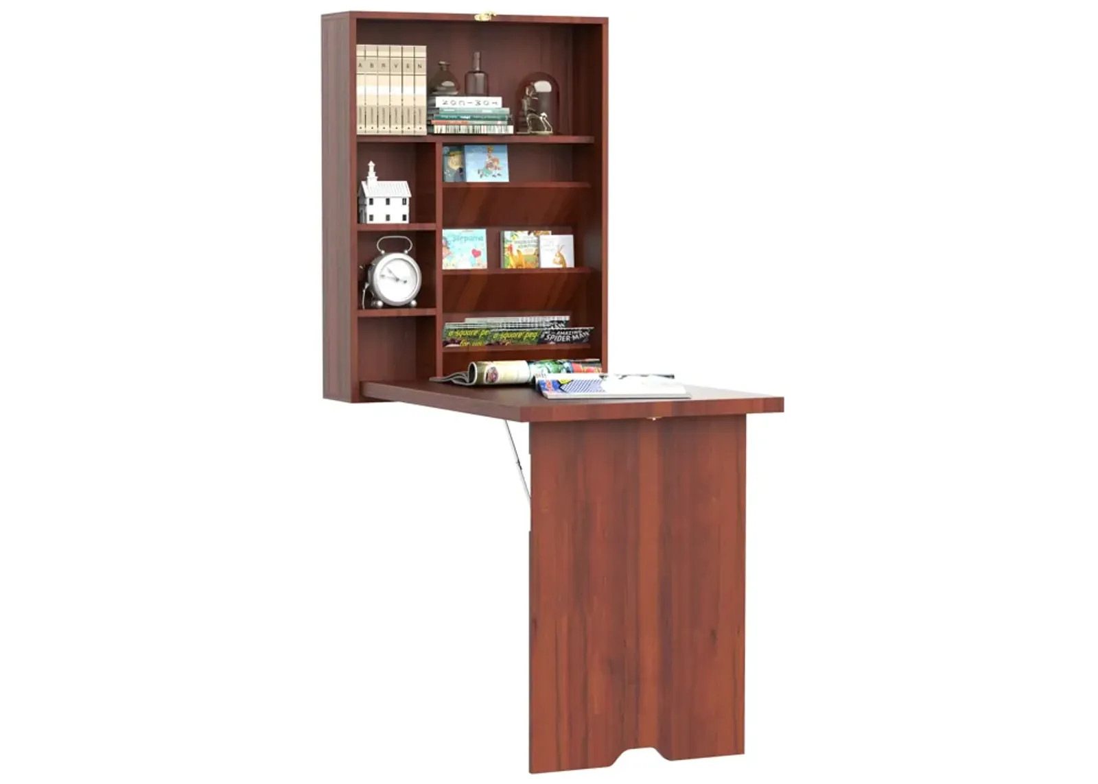 Space-Saving Workstation: Mahogany Wall-Mounted Convertible Desk