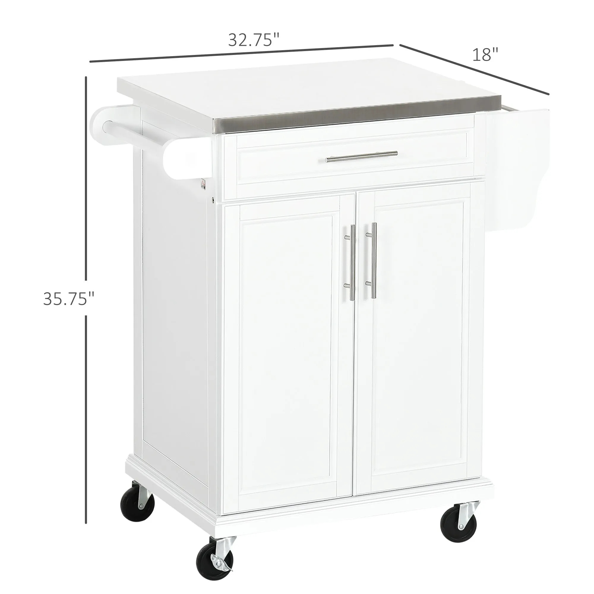 White Kitchen Cart: Stainless Top, Drawer, Towel/Spice Rack, Wheeled