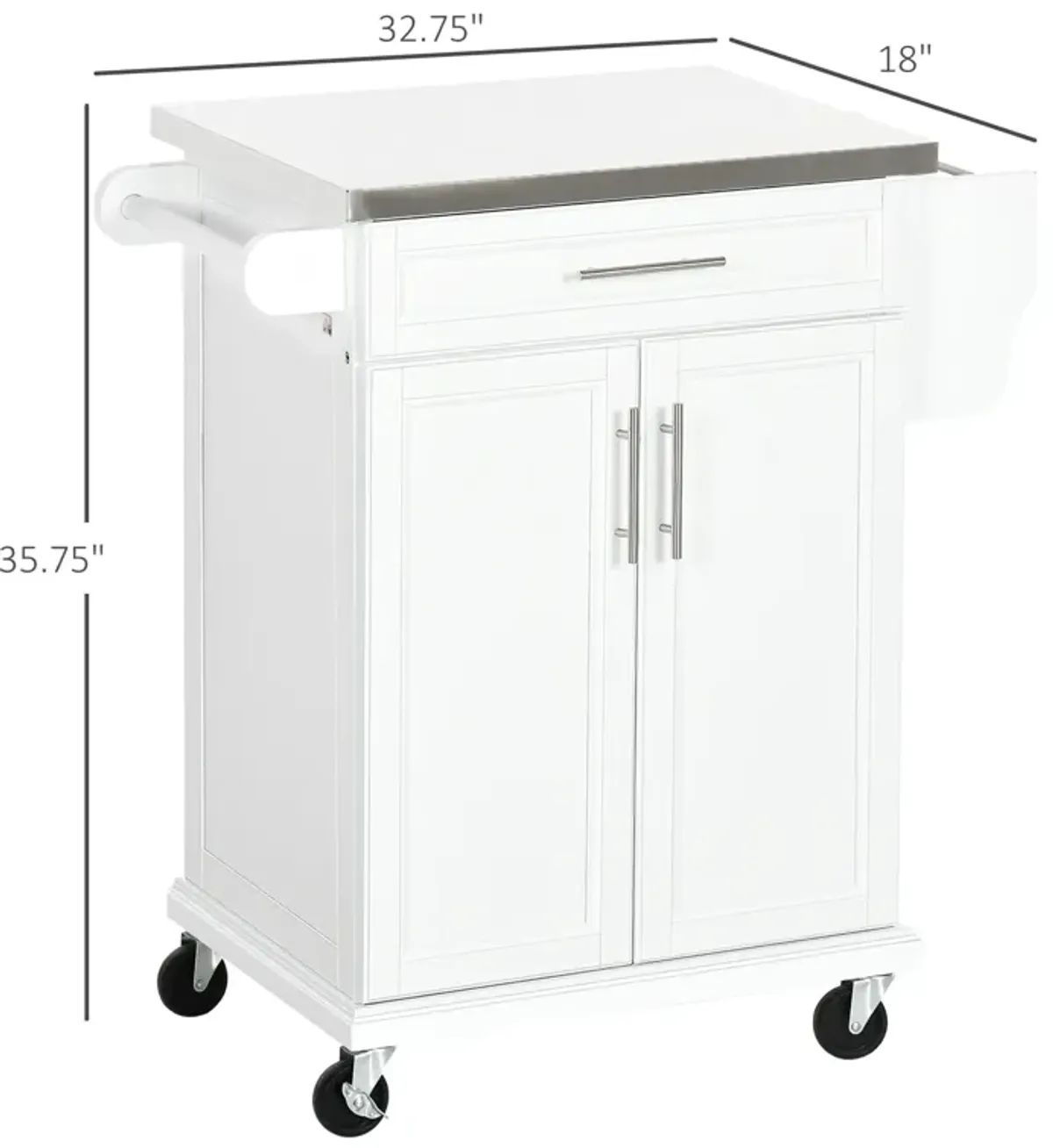 White Kitchen Cart: Stainless Top, Drawer, Towel/Spice Rack, Wheeled