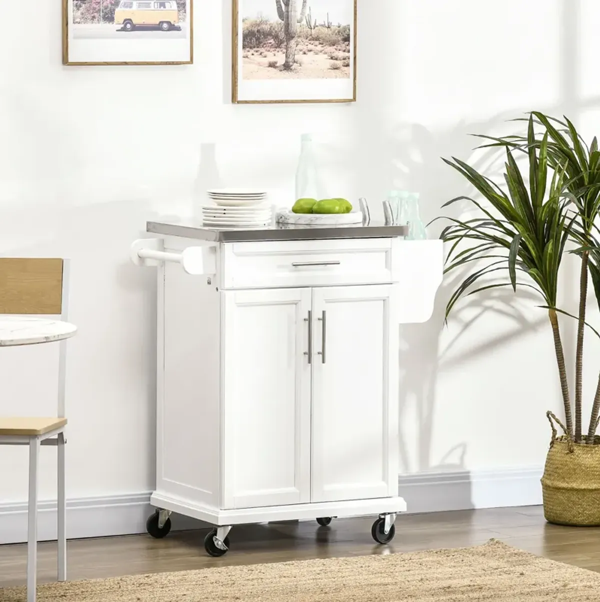 White Kitchen Cart: Stainless Top, Drawer, Towel/Spice Rack, Wheeled