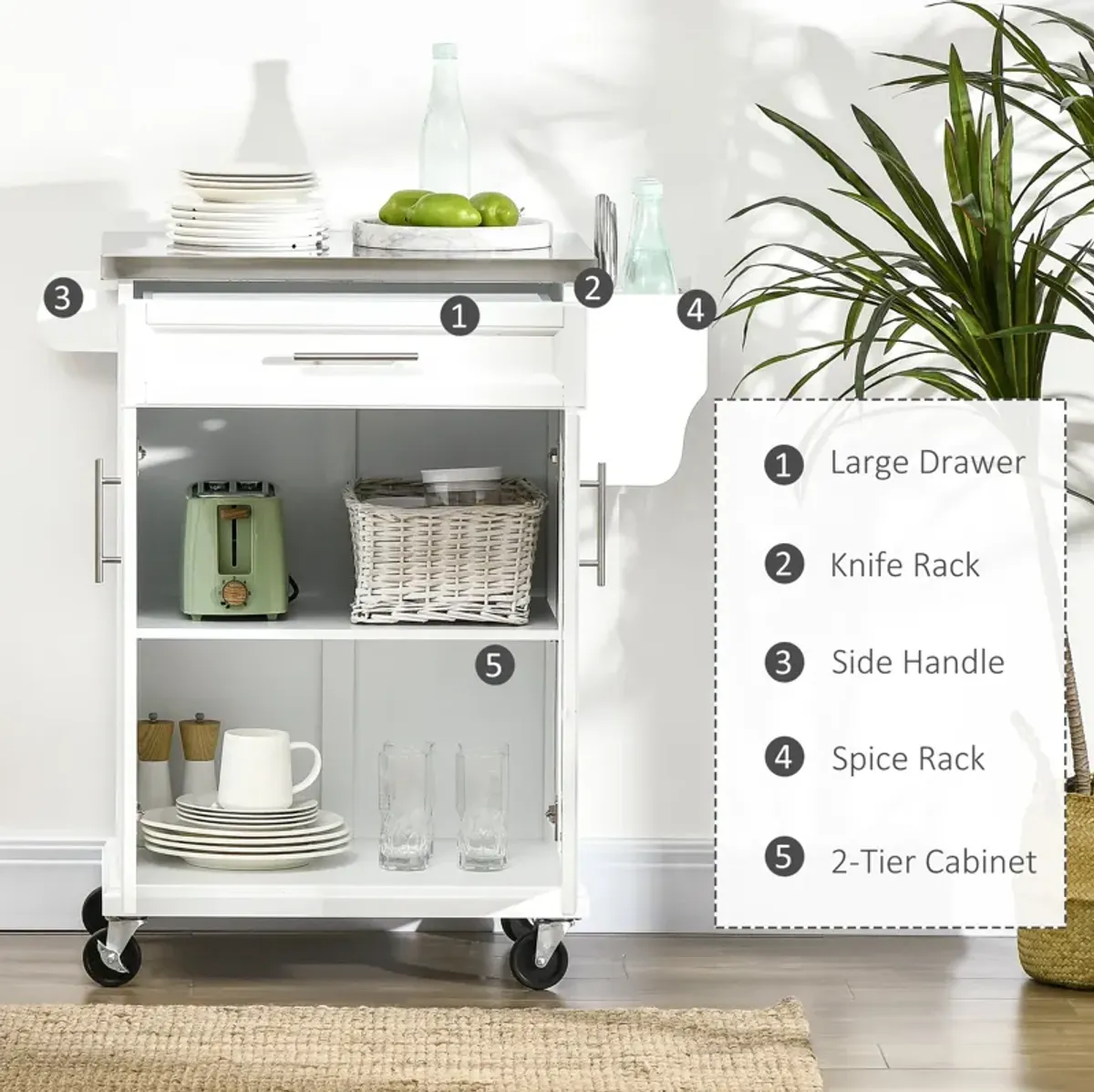 White Kitchen Cart: Stainless Top, Drawer, Towel/Spice Rack, Wheeled