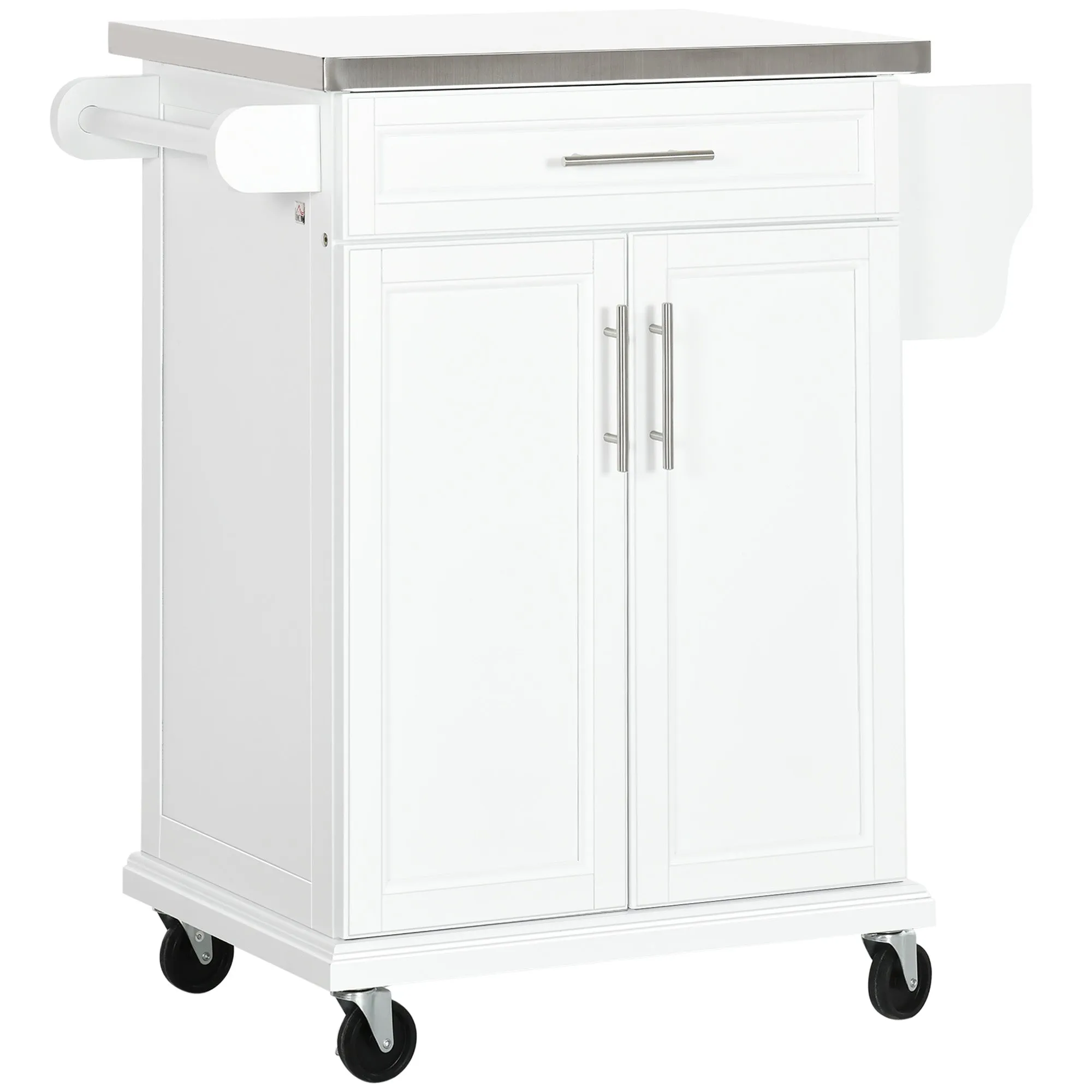 White Kitchen Cart: Stainless Top, Drawer, Towel/Spice Rack, Wheeled