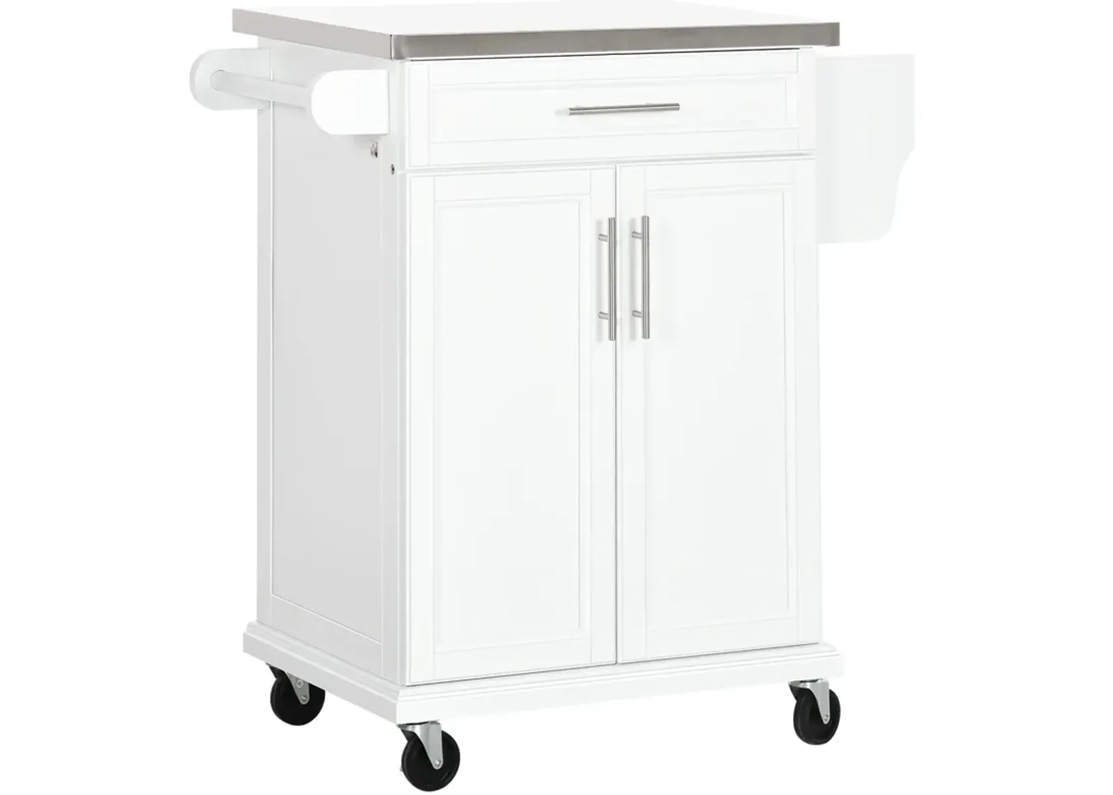 White Kitchen Cart: Stainless Top, Drawer, Towel/Spice Rack, Wheeled