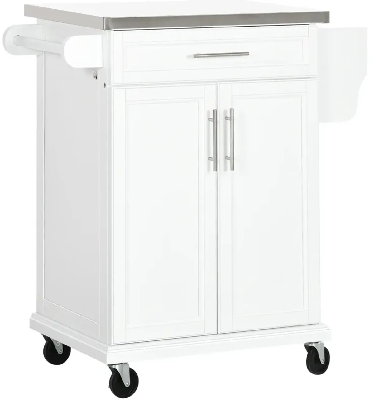 White Kitchen Cart: Stainless Top, Drawer, Towel/Spice Rack, Wheeled