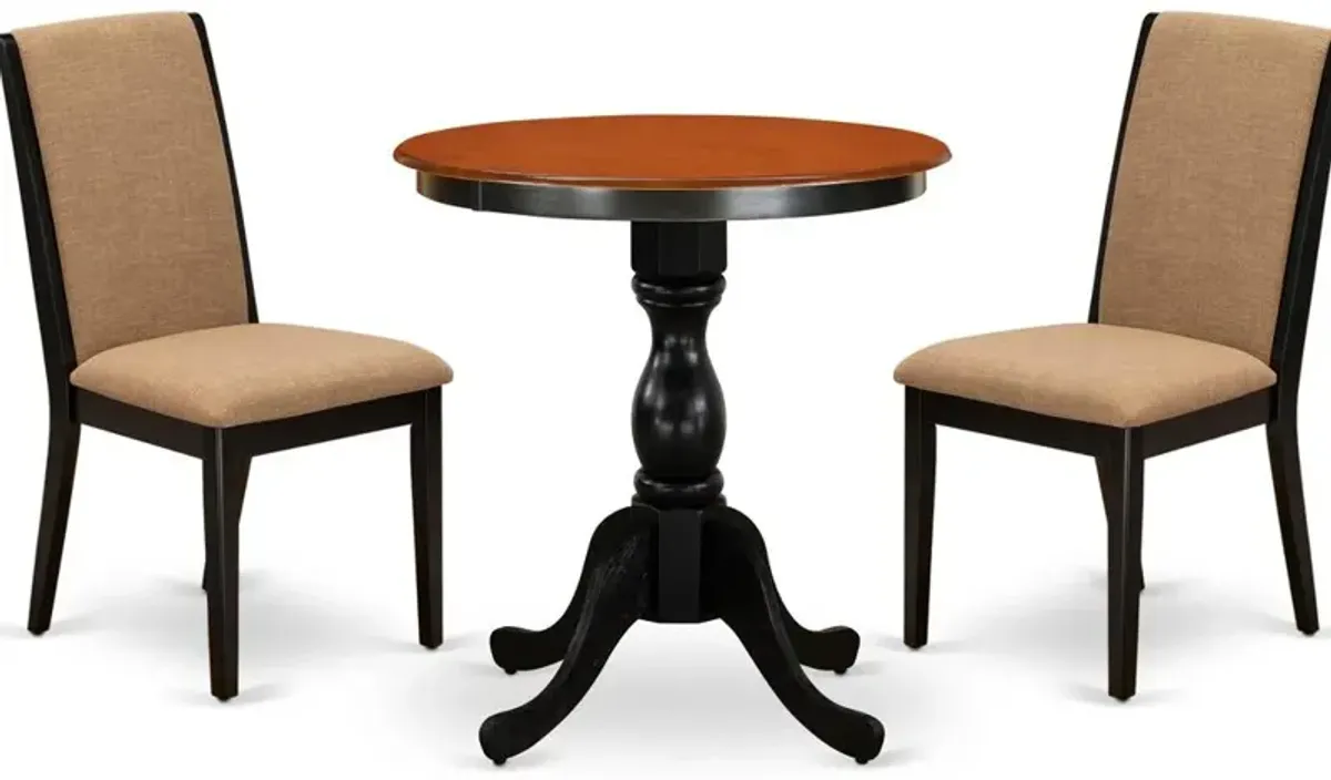East West Furniture 3-Piece Dinner Table Set Include a Wood Table and 2 Light Sable Linen Fabric Padded Chairs with Stylish High Back - Black Finish