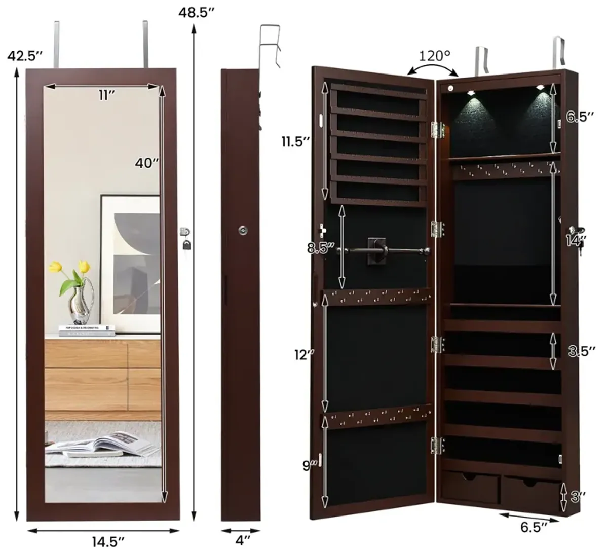 Lockable Wall Mount Mirrored Jewelry Cabinet with LED Lights