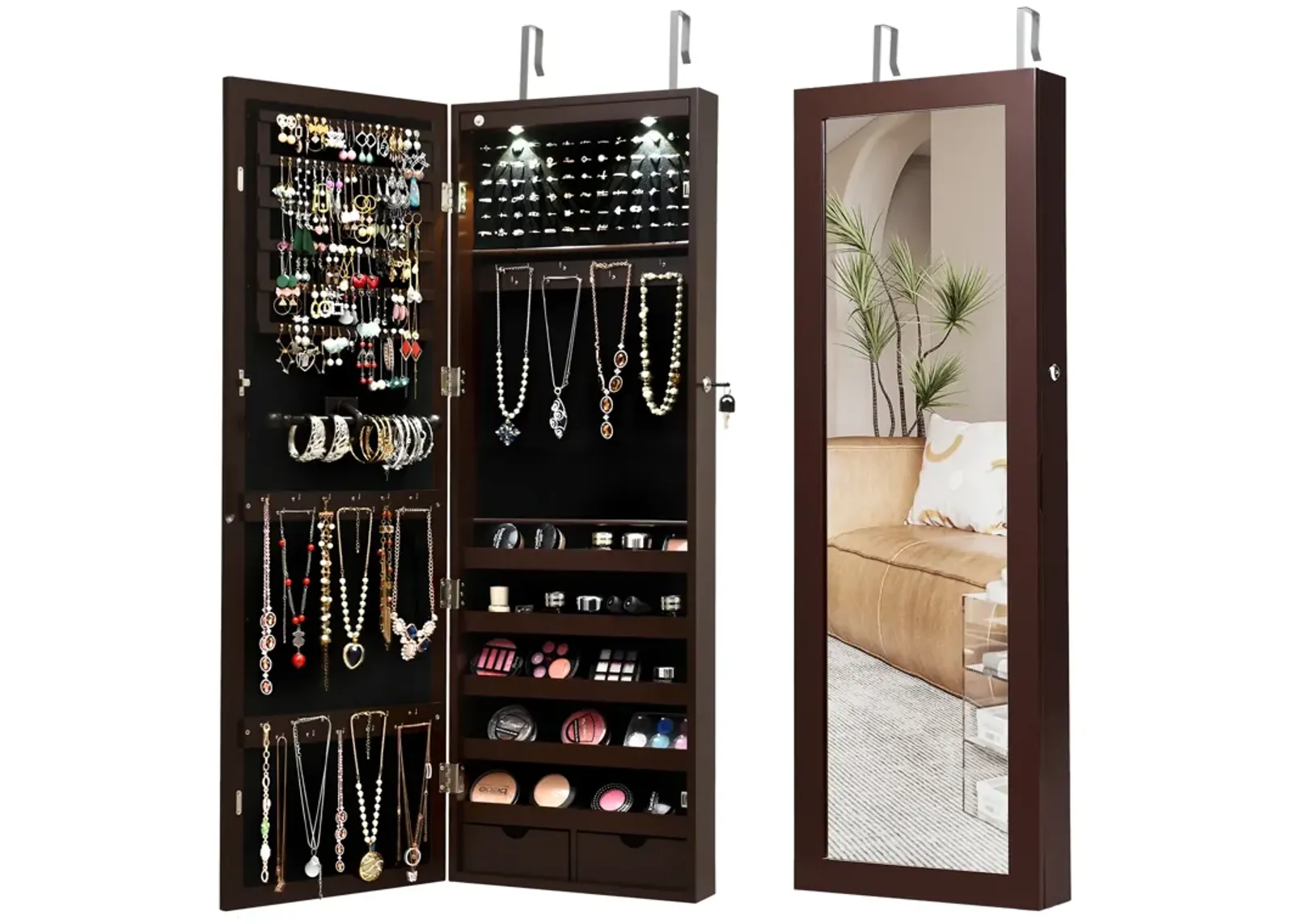 Lockable Wall Mount Mirrored Jewelry Cabinet with LED Lights