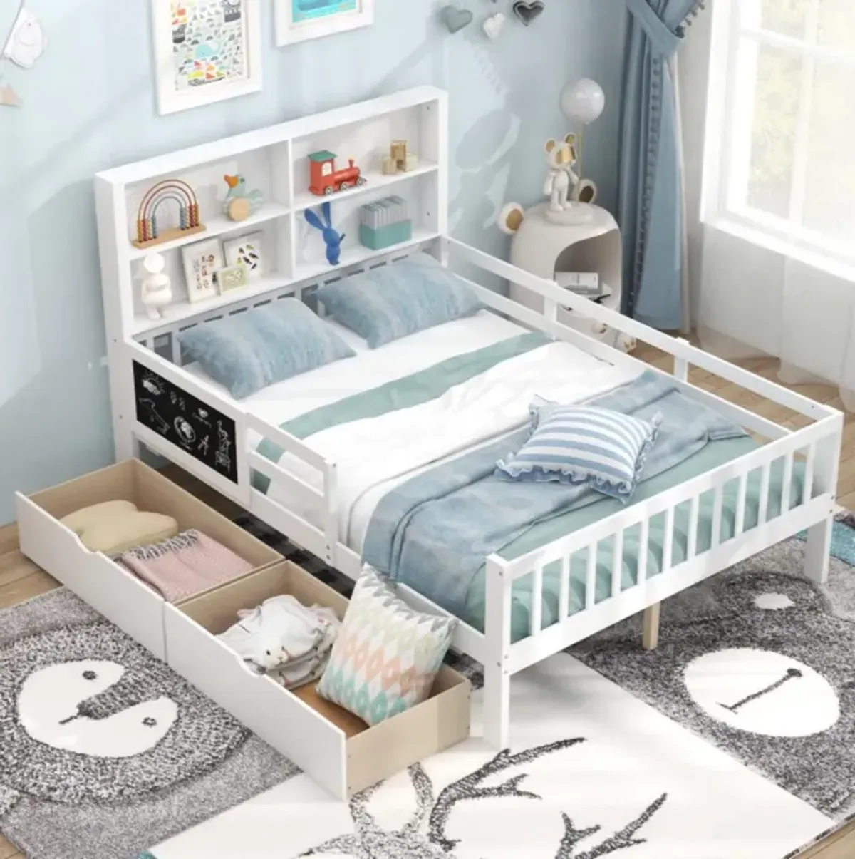 Hivvago Twin/Full Size Bed Frame with 2 Drawers and Bookcase for Boys and Girls