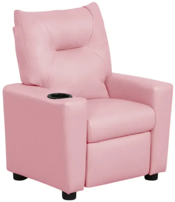 Chang Kids Recliner Chair, Built In Cupholder, Pink Faux Leather - Benzara