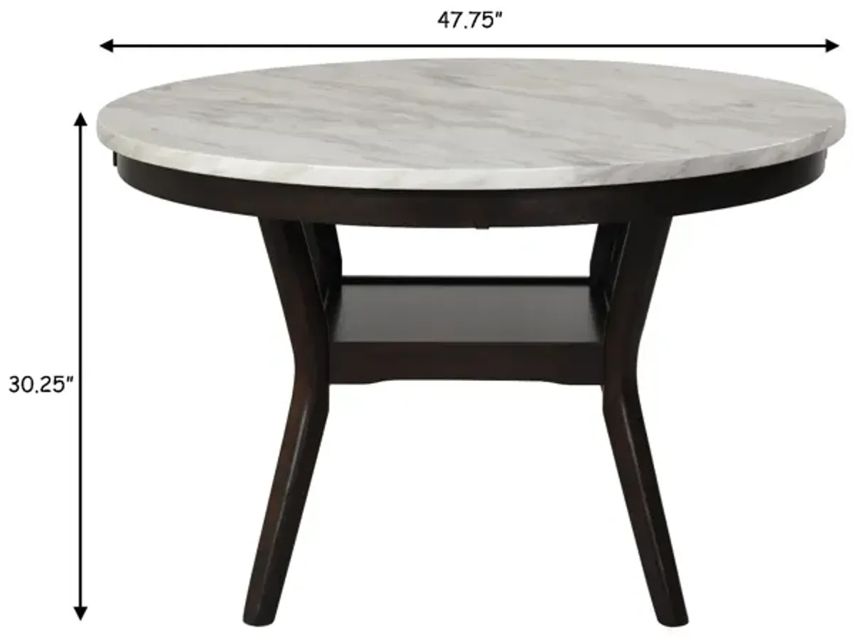 Kate 47 Inch Round Dining Table with Faux Marble Top, White and Brown - Benzara