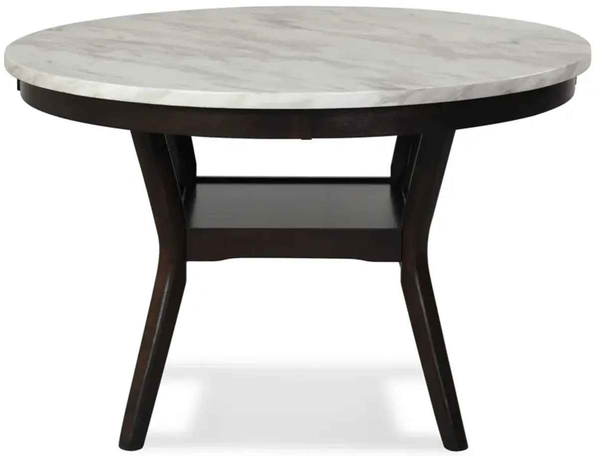 Kate 47 Inch Round Dining Table with Faux Marble Top, White and Brown - Benzara