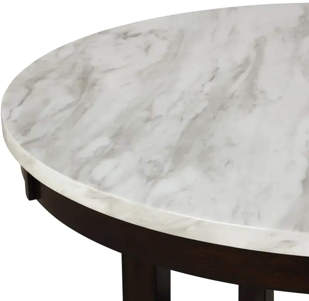 Kate 47 Inch Round Dining Table with Faux Marble Top, White and Brown - Benzara