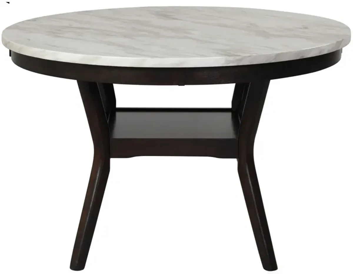 Kate 47 Inch Round Dining Table with Faux Marble Top, White and Brown - Benzara