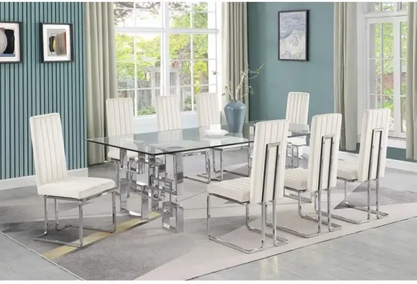9-piece glam dining set with 8 Cream chairs and one 95" glass  table