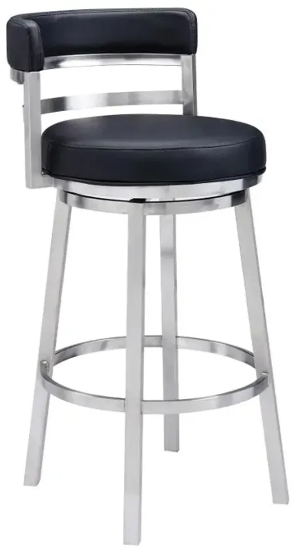 Hivvago 30 Inch Black And Silver Faux Leather And Iron Swivel Low Back Bar Height Bar Chair