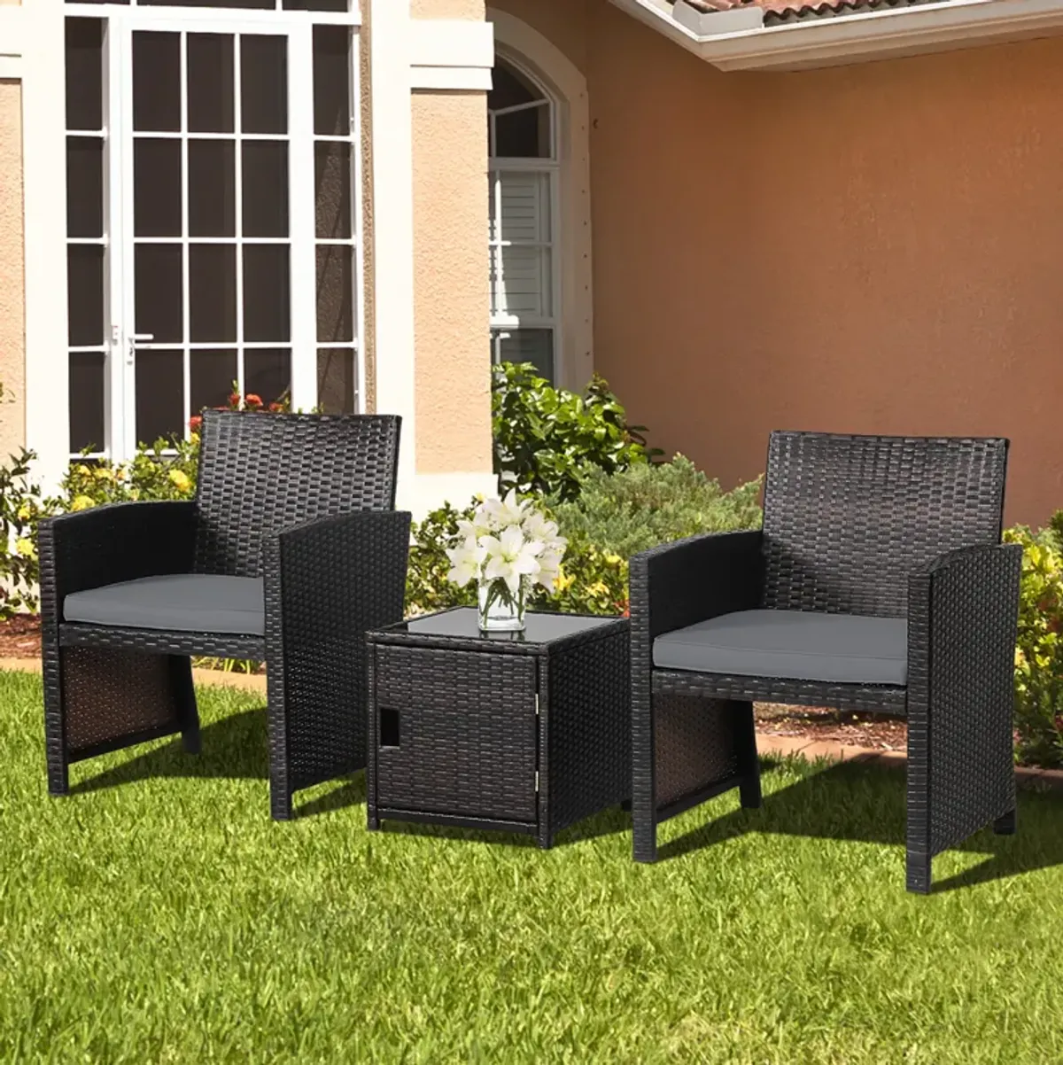 3 Pieces Patio Wicker Furniture Set with Storage Table and Protective Cover