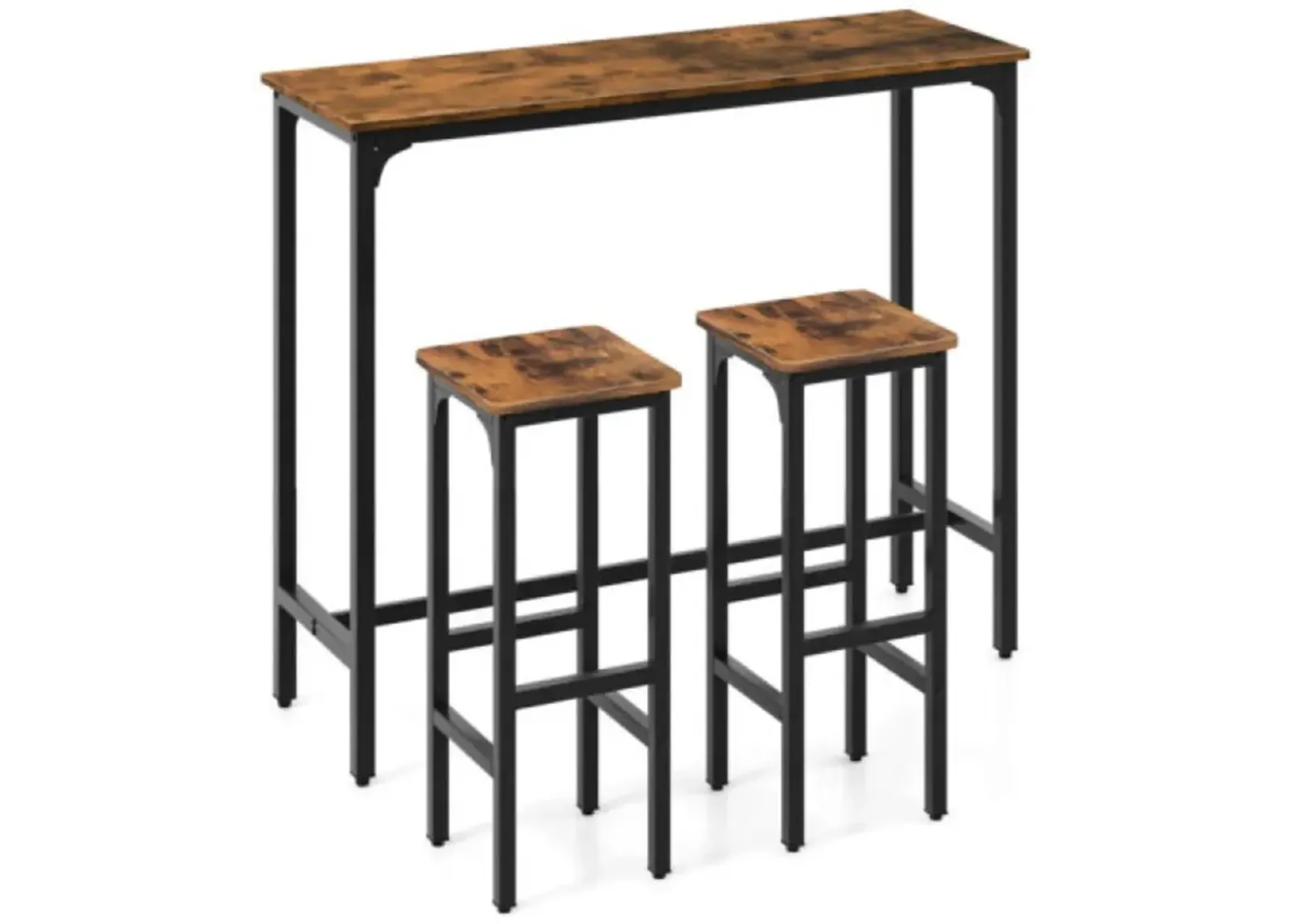 3 Pieces Industrial Bar Table and Chairs Set with Metal Frame