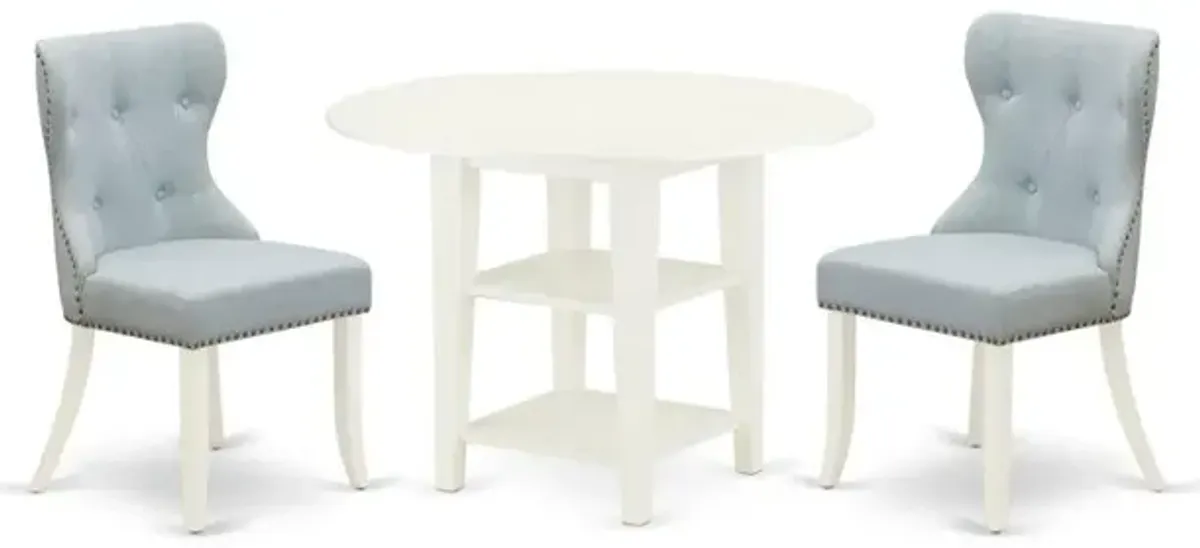 East-West Furniture SUSI3-LWH-15 - A dining room table set of 2 excellent dining chairs with Linen Fabric Baby Blue color and a lovely dining table with Linen White color