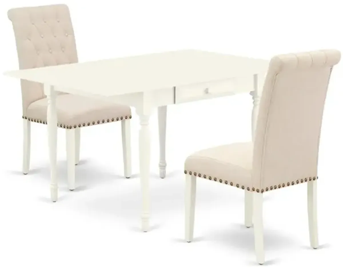 1MZBR3-LWH-02 3Pc Dining Table Set Contains a Kitchen Table and 2 Parsons Chairs with Light Beige Color Linen Fabric, Drop Leaf Table with Full Back Chairs, Linen White Finish